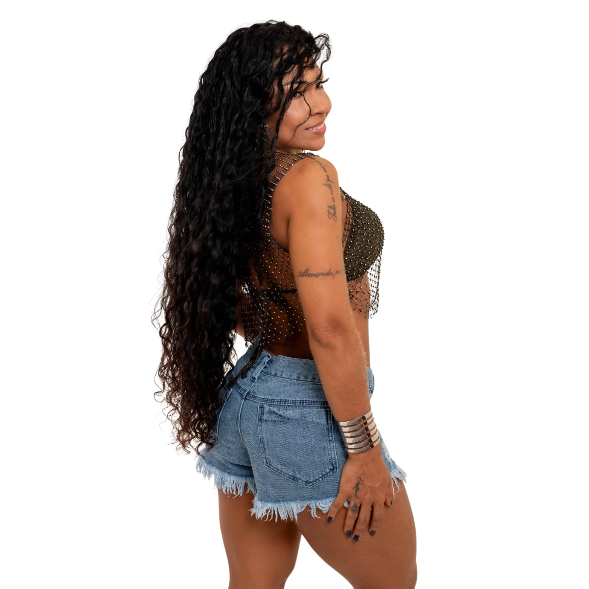 Short Jeans Feminino Cintura Alta Modelo Detonado - Imagem 3