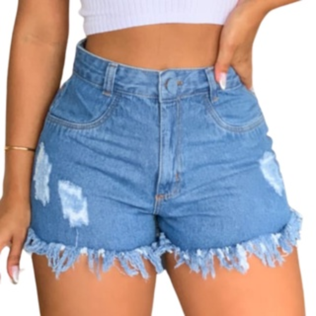 Short Jeans Feminino Cintura Alta Modelo Detonado