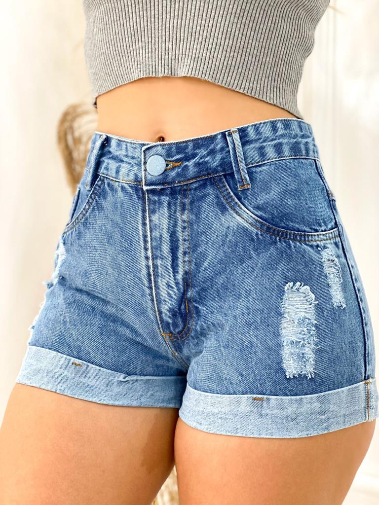 Short Jeans Feminino Cintura Alta Modelo Detonado