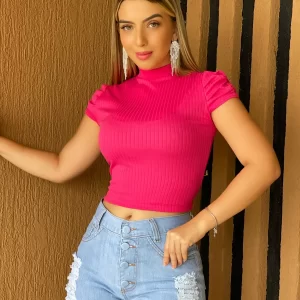 Blusa Feminina Curta Canelada Princesa Cor Rosa