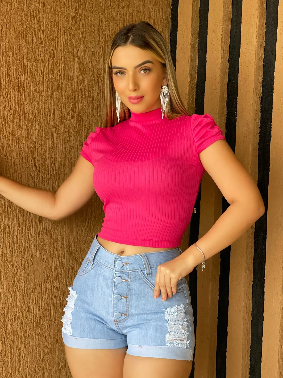 Blusa Feminina Curta Canelada Princesa Cor Rosa