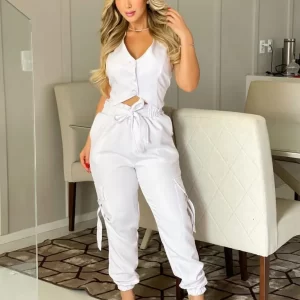 Conjunto - Blusa C/ Botões e sem manga + Calça C/bolsos Laterais