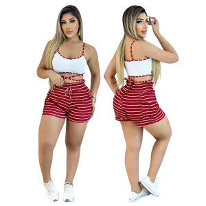 Conjunto Feminino Top com Alça e Short Ajustável Listrado - Vermelho