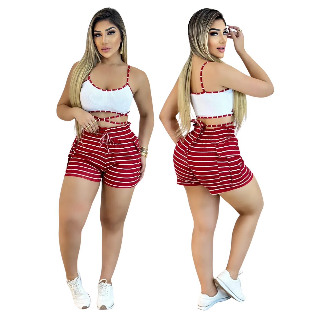 Conjunto Feminino Top com Alça e Short Ajustável Listrado - Vermelho