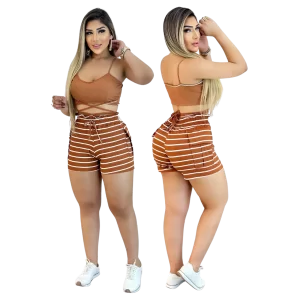 Conjunto Feminino Top com Alça e Short Ajustável Listrado - Marrom