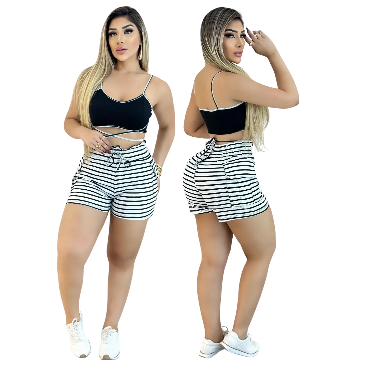 Conjunto Feminino Top com Alça e Short Ajustável Listrado - Branco