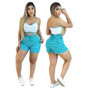 Conjunto Feminino Top com Alça e Short Ajustável Listrado - Azul