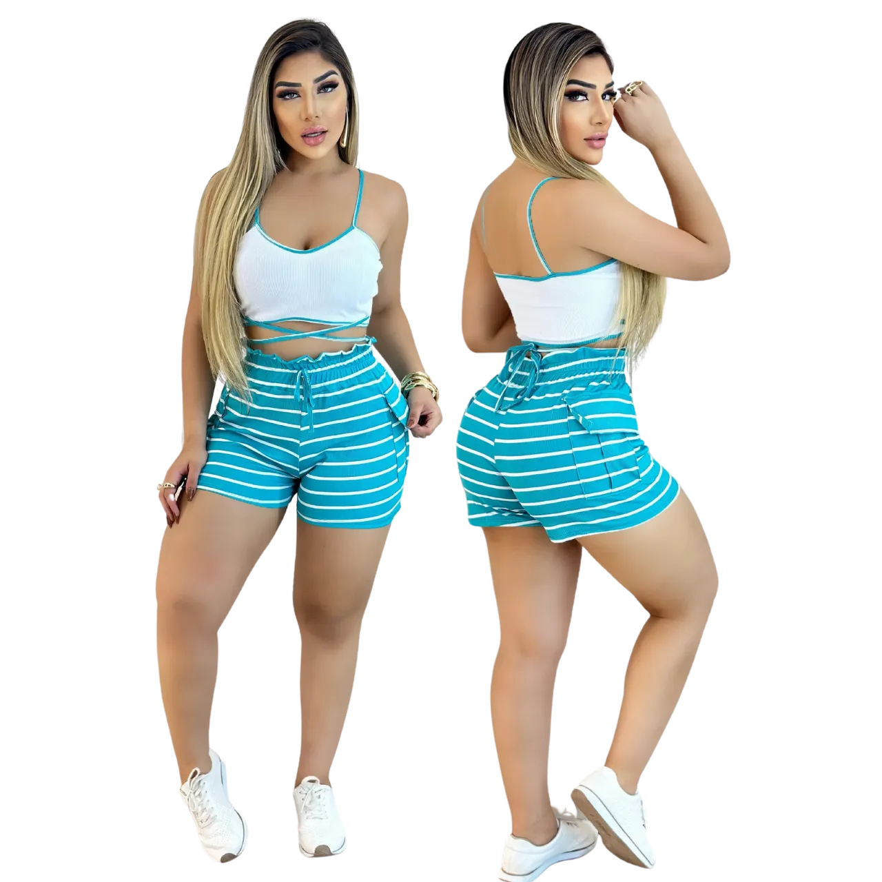 Conjunto Feminino Top com Alça e Short Ajustável Listrado - Azul